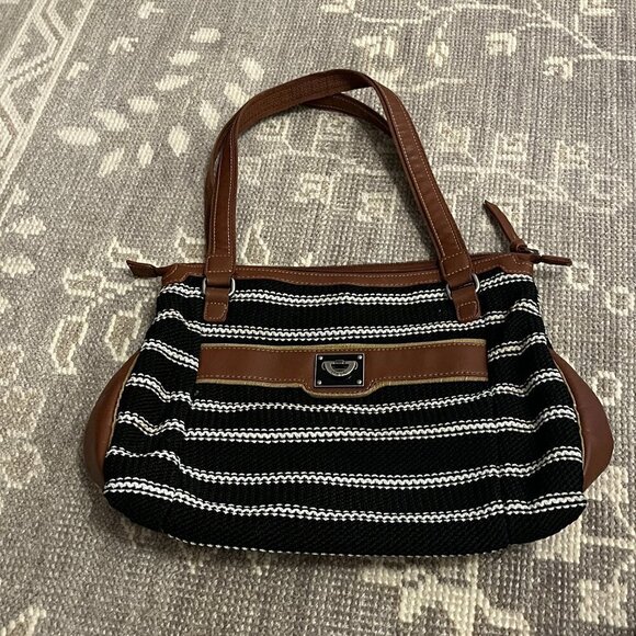 The Sak woven tote purse black white striped leather - Picture 1 of 12